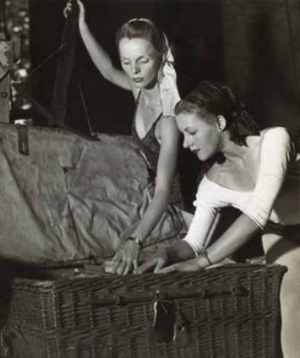 Maggie Scott (right) and Sally Gilmour unpacking Ballet Rambert costumes, Melbourne 1947