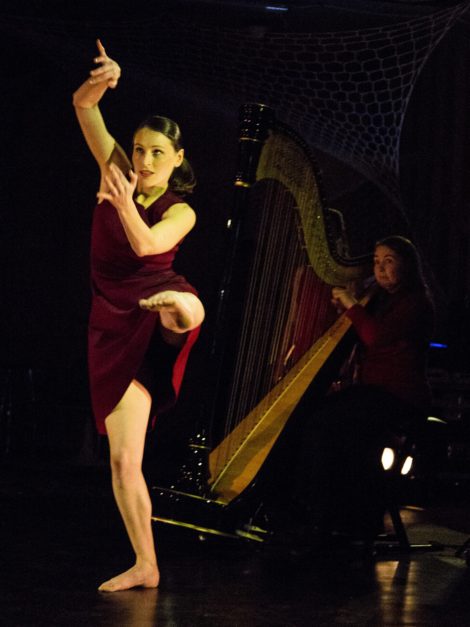 Dancer Alison Plevey and harpist in Strings Attached, Australian Dance Party, 2016. Photo: Lorna Sim