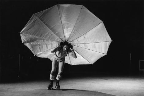 Photograph of Robert Rauschenberg’s Pelican (1963) as performed in a former CBS television studio, New York, during the First New York Theatre Rally, May 1965 © The Robert Rauschenberg Foundation, New York Photo: Peter Moore © © Barbara Moore / Licensed by VAGA, NY. Courtesy of Paula Cooper Gallery, New York 