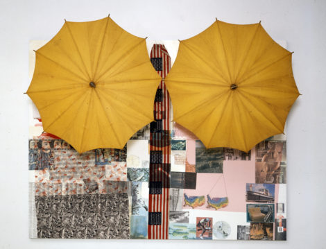 Untitled (Spread) 1983 Solvent transfer and acrylic on wood panel, with umbrellas 188.6 x 245.7 x 88.9 cm © Robert Rauschenberg Foundation, New York