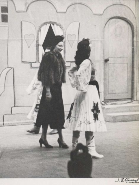 Tamara Tchinarova in costume for the Mazurka in Coppelia with Xenia Borovansky before curtain up, Borovansky Ballet, ca. 1946. Photo Jean Stewart