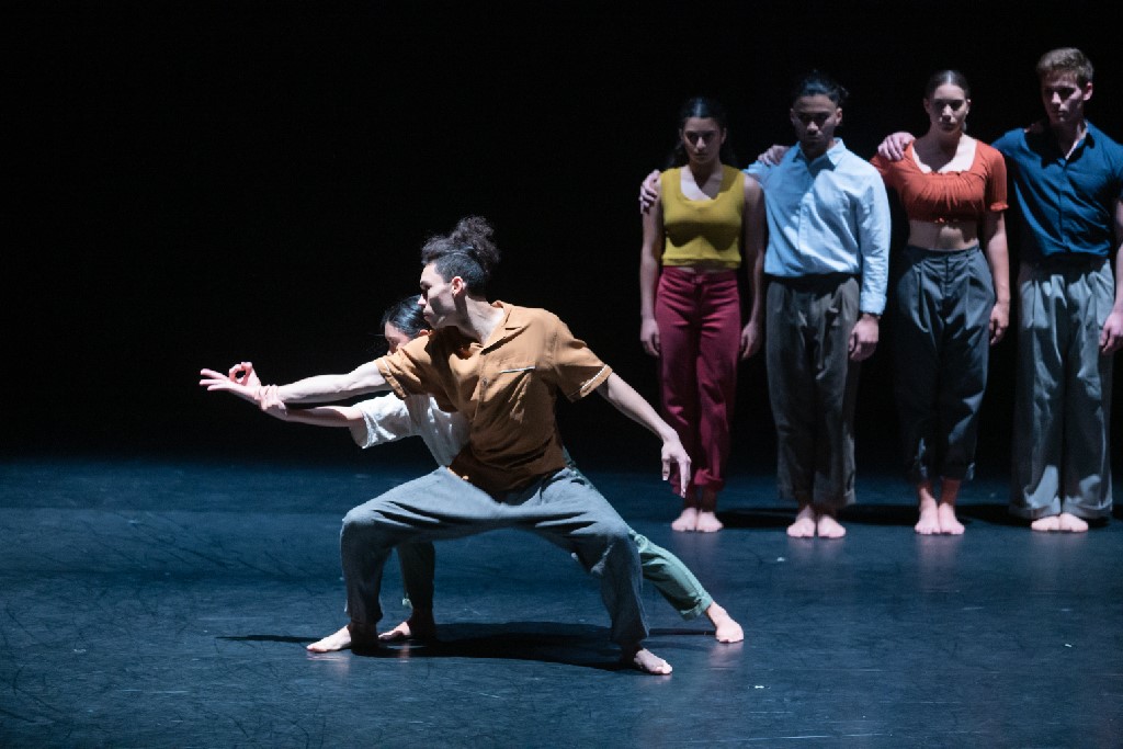 Jareen Wee and Chris Clegg with dancers of NZSD in Adam Barrach's 'It's Written in the Walls. NZSD Graduation 2018. Photo: © Stephen A'Court