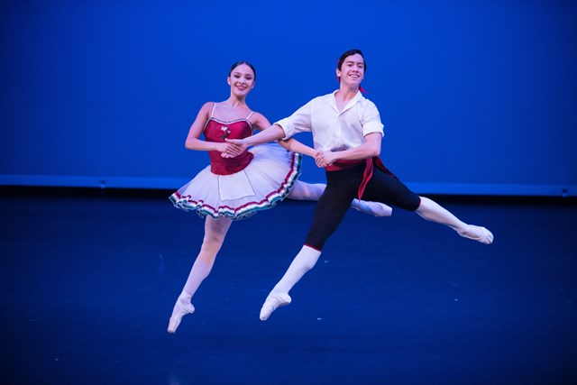 Brittany Jayde Duwner and Rench Soriano in George Balanchine's 'Tarantella'. New Zealand School of Dance Graduation, 2018. Photo: Stephen A'Court