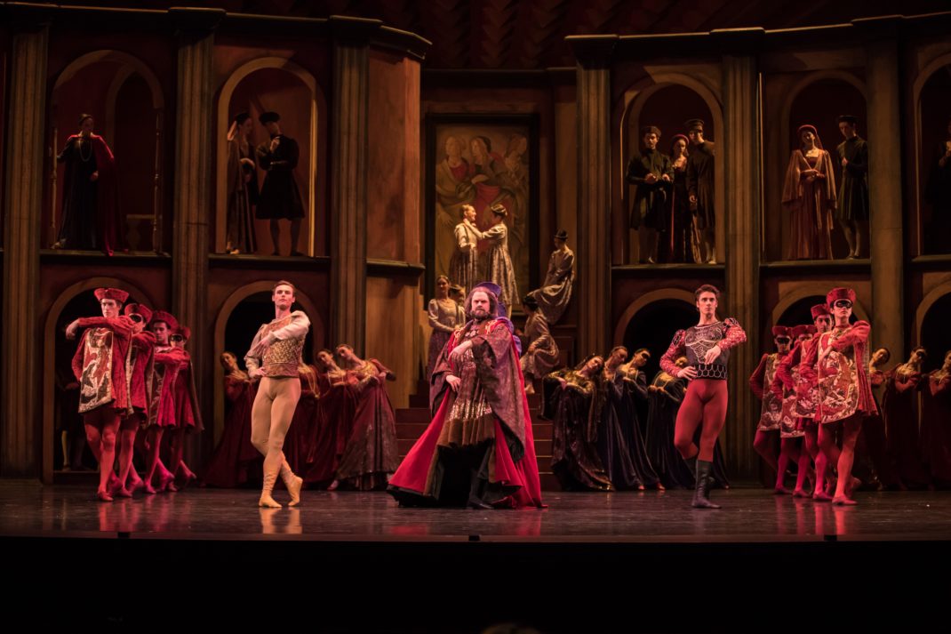 Steven Heathcote (centre) as Lord Capulet with Joel Woellner (left) as Paris and Vito Bernasconi (right) as Tybalt in 'Romeo and Juliet'. Queensland Ballet, 2019. Photo: © David Kelly