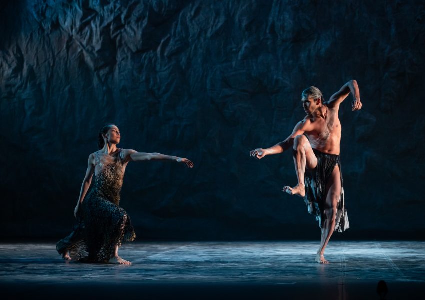 Rika Hamaguchi and Tyrel Dulvarie in a section from 'to make fire'. 30 Years of sixty-Five Thousand, Bangarra Dance Theatre, 2019. Photo: © Daniel Boud