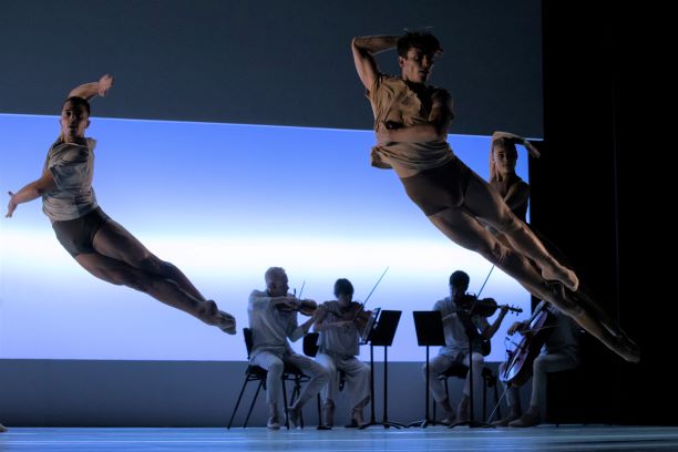 Emily Seymour, Jacopo Grabar, and Rhys Kosakowski in 'Impermanence'. Sydney Dance Company and the Australian String Quartet, 2021. Photo: © Pedro Greig